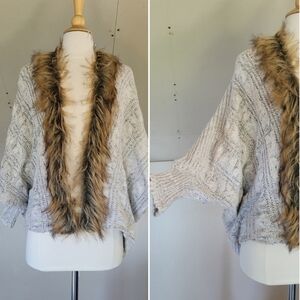 Knit Bat Wing Cardigan Sweater with Fur Trim